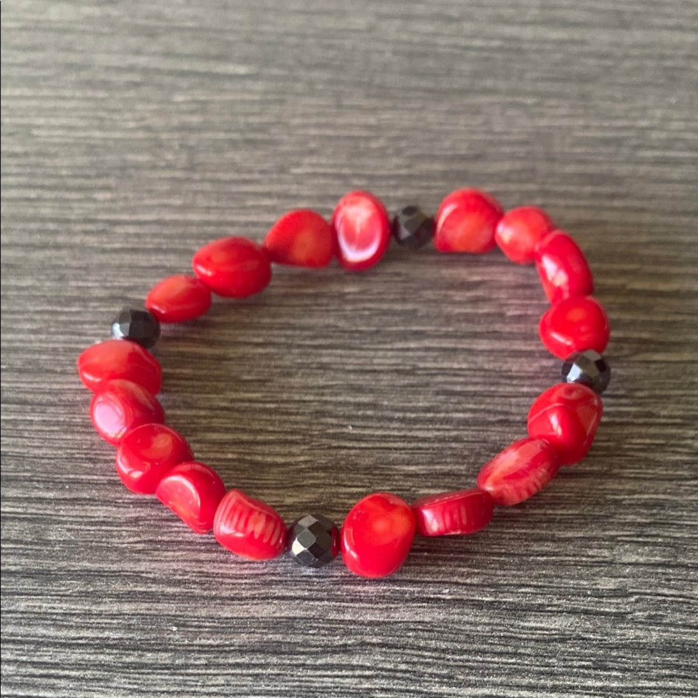 Elegant Red coral and Black hematite  Beaded Bracelet
